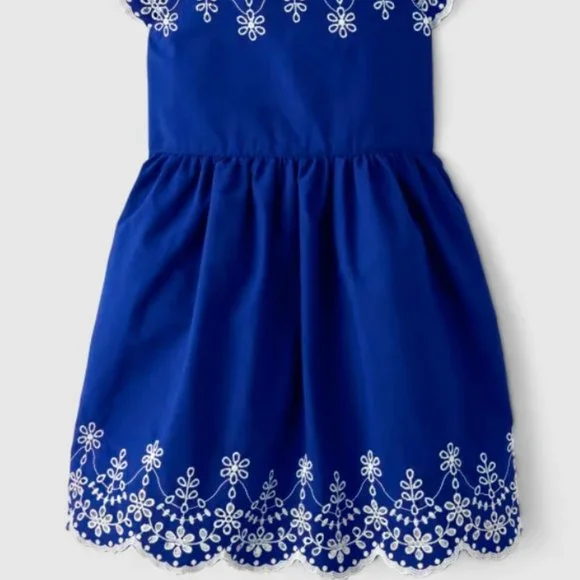Gymboree Girls 5T Blue Belle Cotton Poplin Short Sleeve Dress NWT Eyelet Scallop - Picture 2 of 6